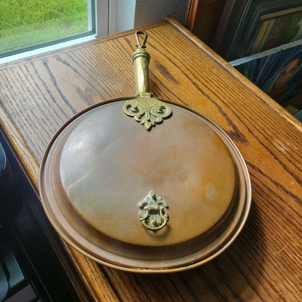 Copper Bed Warmer Pan Long Handle Wood Brass Lid Vintage Colonial Style Decor